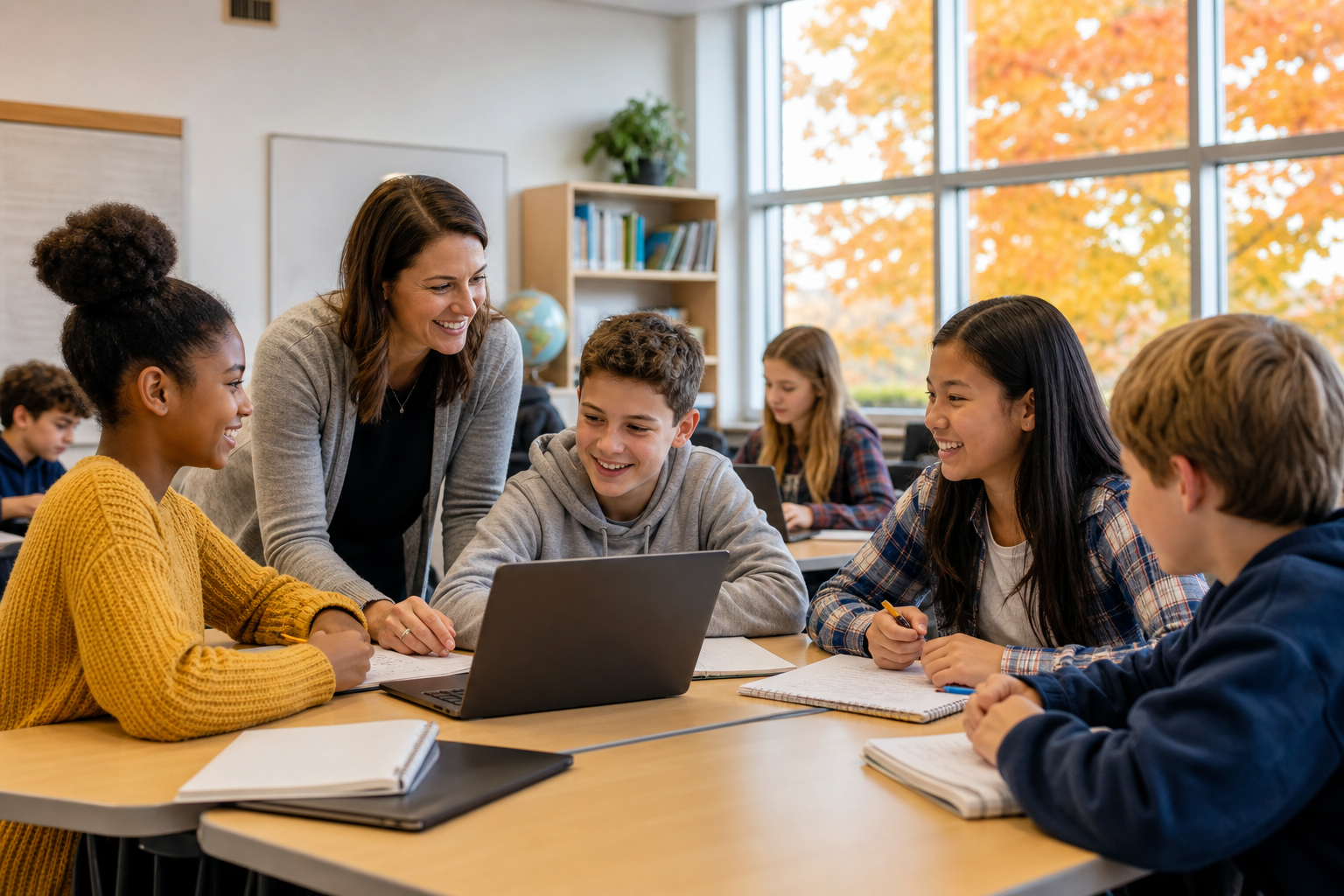 Elementary students learning in a fictional classroom.