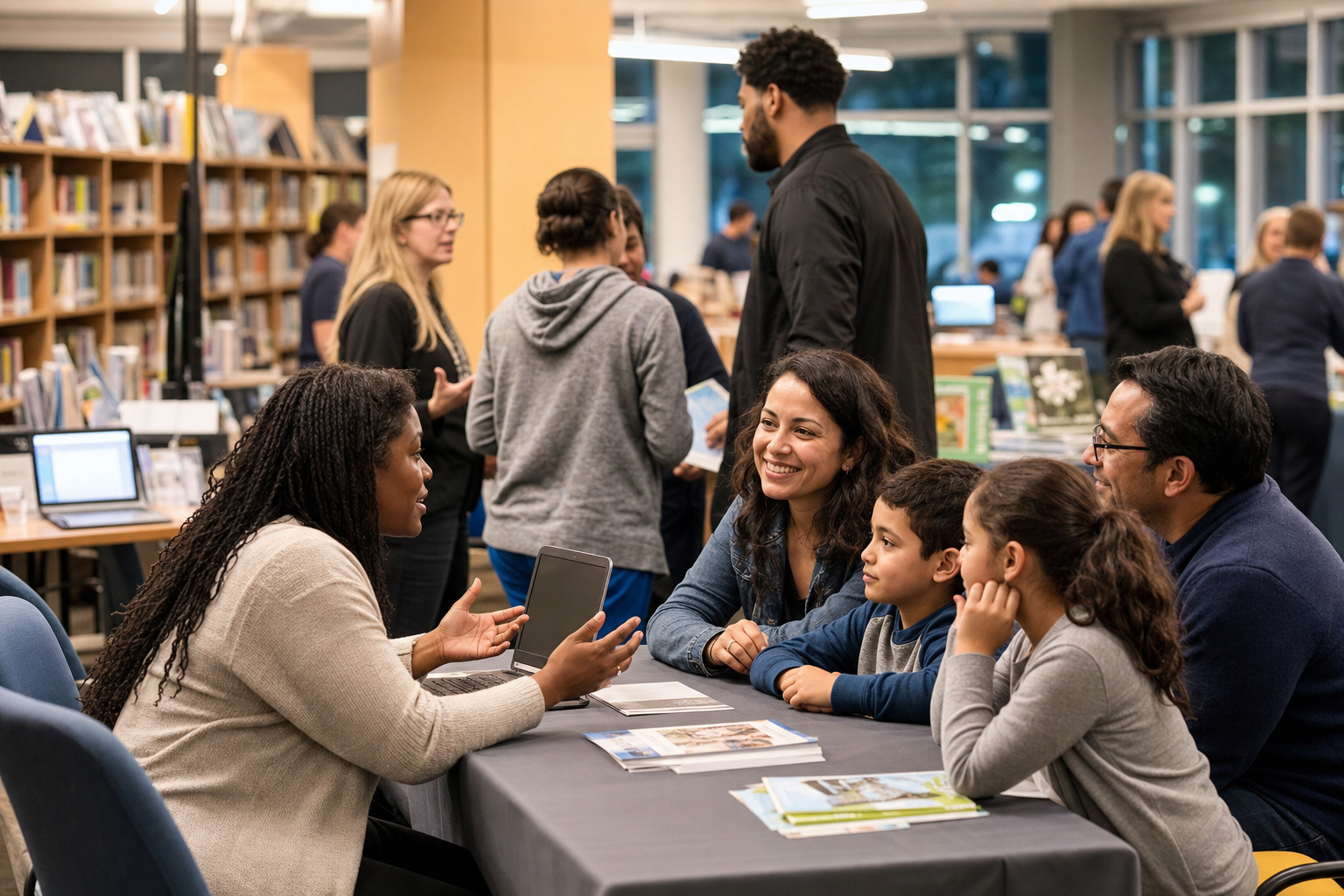 Families and staff at a fictional Maple Hollow resource night.